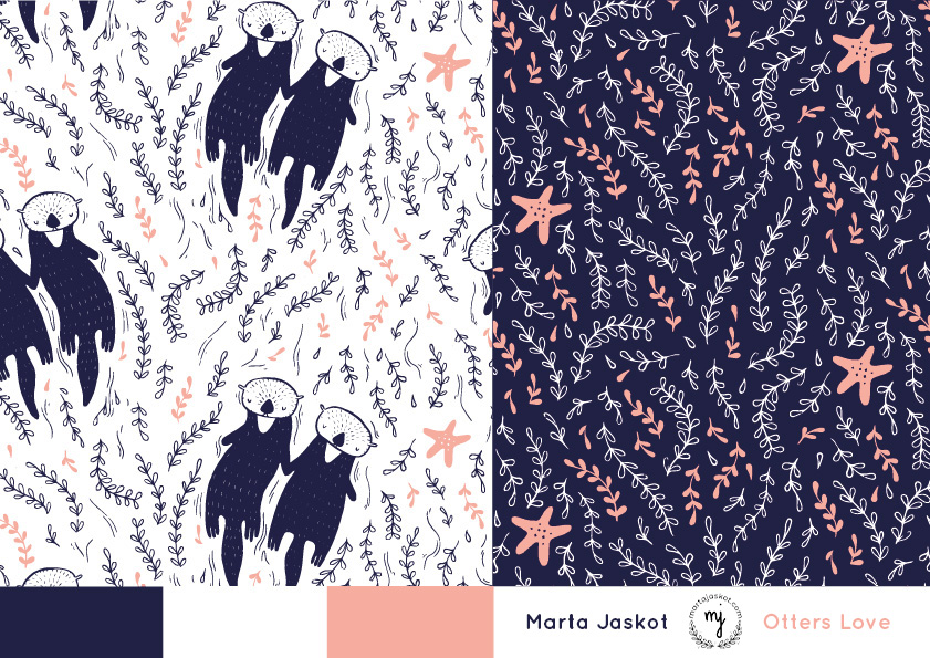 Two patterns - one showing floating otters with some leaves strings and starfish around and second in dark navy background with leaves and starfish but not otters. The illustrations are simple and calm. Colours include white, navy and soft pink.